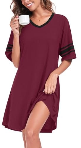 YVH Women's Nightdresses Nightshirt V Neck Nightwear Casual Nighties Sleepwear Short Sleeve Nightgown Night Dress Loungewear Pajama, Wine Red, XXL