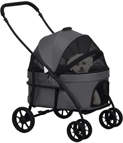 PawHut 2 in 1 Hundewagen Faltbarer kleiner Hundewagen Haustierwagen mit 2 Sicherheitsgurten 2 Seitentaschen Waschbares Kissen und Universalräder Dunkelgrau