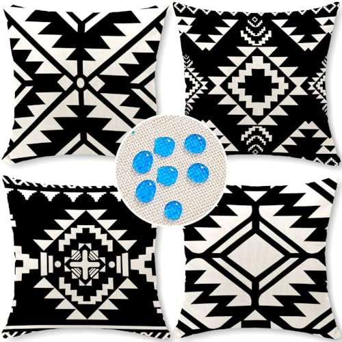 Cirzone Wasserdicht Kissenbezug 4er Set 45 x 45 cm Dekorative Outdoor Kissen Wasserfest Atmungsaktiv Schwarzes Geometrisches Muster Kissenbezug Gartendeko für Draußen Sofakissen Garten Outdoor…