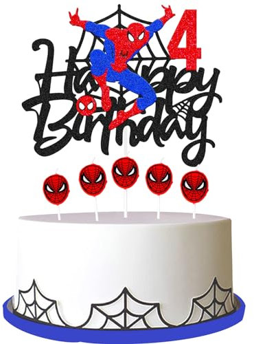 Spiderman Happy 4th Birthday Cake Decorations Spider-man Cake Topper with Red Spider Candles,Super Hero Spider Man Cake Toppers Cake Candles for Baby Boys,Kids 4th Birthday Spiderman Cake Decorations