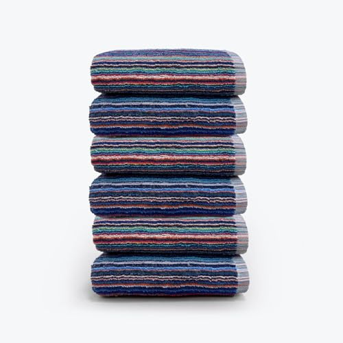 Odyssey 100% Recycled Cotton Hand Towel Set - Multi Coloured Remnant Yarn Stripe, Absorbent, Quick Dry, 6 x Hand Towels 50 x 80cm, Lightweight 400GSM