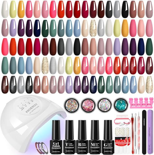 Gel Nail Kit, Phoenixy 32 Colours Gel Nail Polish Set with 48W UV Lamp Starter Kit Gel Nail Set with Base Top Matte Glitter Coat Nail Art Manicure Gifts for Women