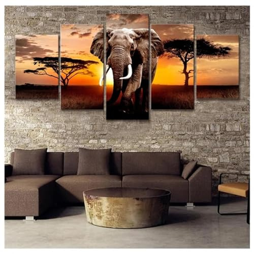 Diamond Painting 5 Teilig Groß XXL Sonnenuntergang Elefant Diamant Painting Bilder Basteln Erwachsene 175x88cm Diamond Art Painting, DIY Voll Diamant Malerei Stickerei für Room Decor Wohnwand N-6306