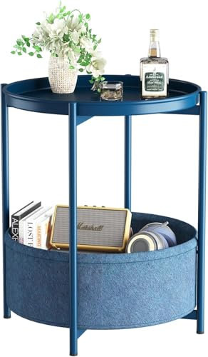 Huhote Side Table, Round End Table with Fabric Basket, Small Bedside Table, Nightstand Sofa Table for Living Room, Bedroom, Bathroom, Balcony, Modern Style (Blue)