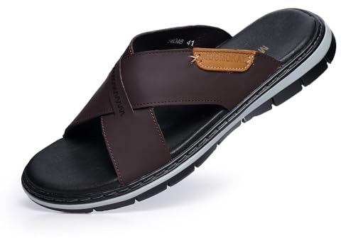MGGMOKAY Mäns korsade tofflor, sandaler, herr läder sandaler, klädsandaler för män, Brun, 44 EU