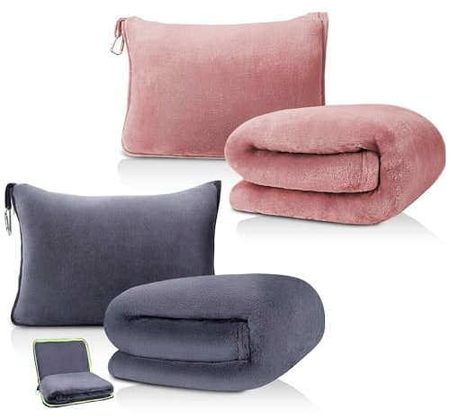 DAWNTREES 2er-Pack Reisedecke,180x100cm,2 in 1 Packbare Flugzeugdecke und Kissen Essential für Flugzeug, Auto, Fernreisen und Outdoor Camping (Rosa+Grau)