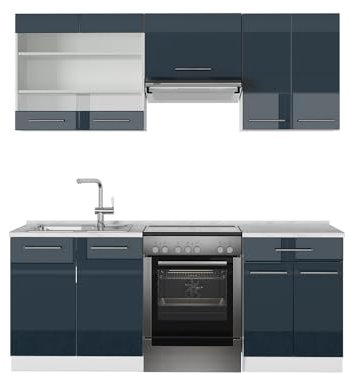 Vicco Küchenzeile Fame-Line, Dunkelblau Hochglanz/Weiß, 200 cm, AP Anthrazit