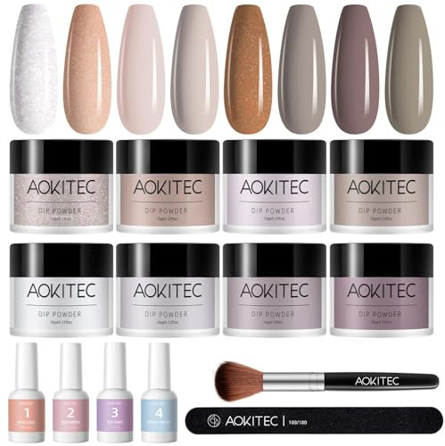 Aokitec 14Pcs Dip Powder Nail Kit Starter 8 Colors Collection , Acrylic Dipping Powder Liquid Set with Base Top Coat Activator Brush Saver for French Nails Art Manicure DIY Salon