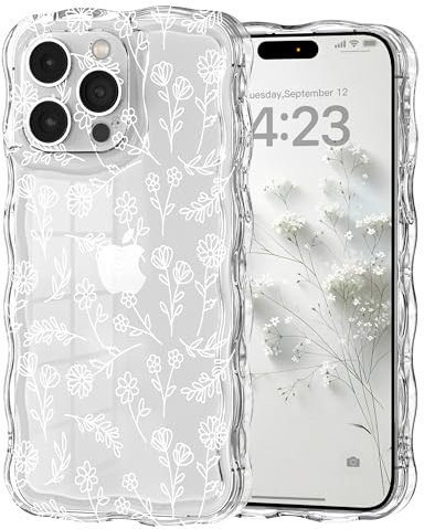 Micoden Cute Curly Wave Case for iPhone 15 Pro Max,Clear with Anti-Yellowing Flower Floral,Soft TPU Slim Bumper Shockproof Anti-Scratch Protective Wavy Cover for Girls Women-White