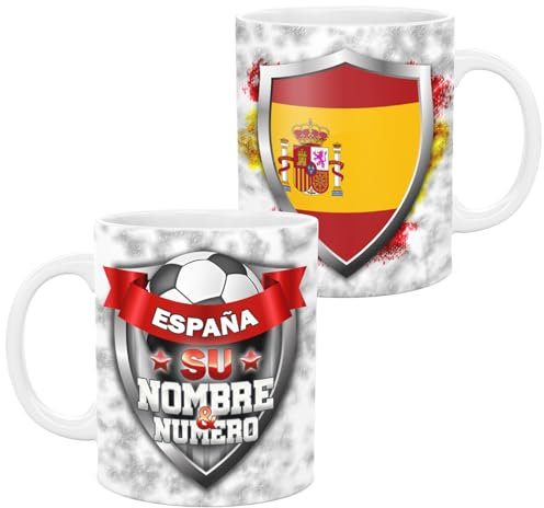 lepni.me España Personalizada 11 oz. Taza de fútbol con Bandera Española Insignia y Su Nombre y Numero | Taza de Cerámica Deportiva para Café y Té | Regalo personalizado para Fans