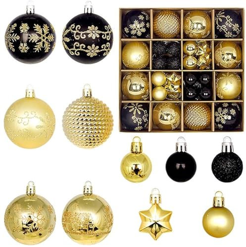 44pcs Christmas Tree Decorations - Black Gold Baubles, Xmas Ball Ornaments 3cm & 6cm Mini Baubles, Plastic Bulbs for Home, Party & Wedding Decor