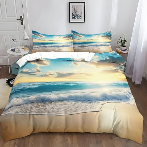 XCQHZYQ Erwachsene Bettwäsche 155x220 cm Meer Strand Blauer Himmel 3D Print Betten Set 3 teilig Bettwäsche Set Baumwolle Polyester Bettbezug mit 2 Kissenbezug