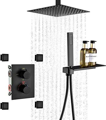 Shower Mixer de Ducha termostático con 4 chorros corporales, Cabezal de Ducha Tipo Lluvia montado en el Techo de 10 con Ducha de Mano, Estante, Juego de Grifo de Ducha Negro Mate Mixer Shower