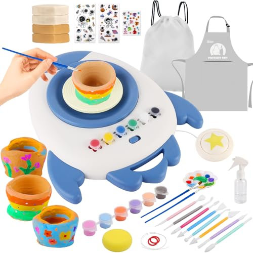 deAO Töpfer-set für Kinder mit Ton Lufttrocknend, Töpferscheibe Elektrisch Enthält: Lufttrocknenden Ton, 13 Stück Töpferwerkzeug Set, Schürze, Aufbewahrungsbeutel, Töpferset für Anfänger, Zuhause Blau