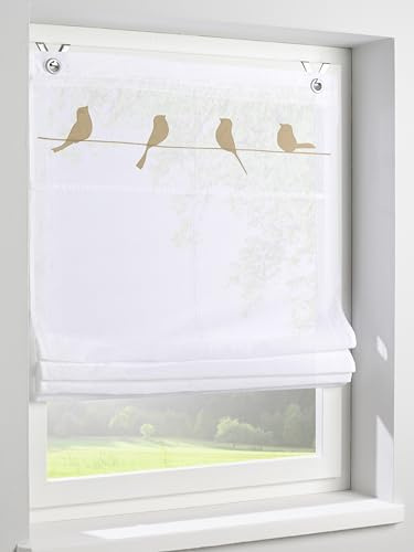 Raffrollo Gravelot mit Vogelmotiv in Natur- Halbtransparentes Ösenrollo für Fenster in der Größe 80 x 140 cm, Montage ohne Bohren