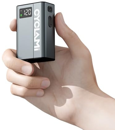 CYCLAMI E1 Tiny Pump Mini with Gauge, 120PSI Electric High-Pressure Rechargeable Air Pump with Memory Function, Aluminum Alloy, Auto Stop, Presta and Schrader Valve for Car, Motorcycle, Bike and Ball