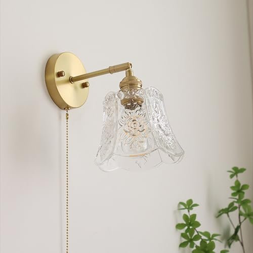 E27 Vintage Applique Murale avec Tirette, Bras en Laiton et Abat-jour en Verre Classique, Lampe Murale Rétro Dimmable pour Chambre, Salon, Couloir, Salle de Bain (Ampoule Non Incluse)