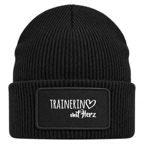 Huuraa Beanie Trainerin mit Herz Geschenk | Black Geschenkidee Schwarze Rippstrick Wintermütze mit austauschbarem Klett Patch