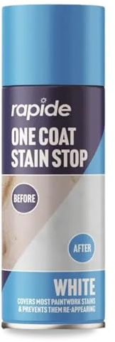 AOC24 Stain Stop Spray 400ml – One Coat White Aerosol for Blocking Stains on Walls & Ceilings – Covers Grease, Crayon, Pen, Rust, Water Marks – Quick Dry, Paintable Semi Gloss Finish (1, White)