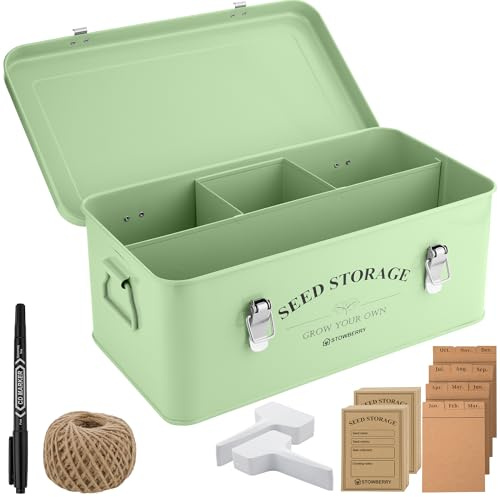 STOWBERRY Samen-Aufbewahrungsbox-Organizer | Gartensamendose mit Deckel, seitlichen Griffen – Samenpaketbehälter – Gartengeschenkidee mit über 200 Zubehörteilen