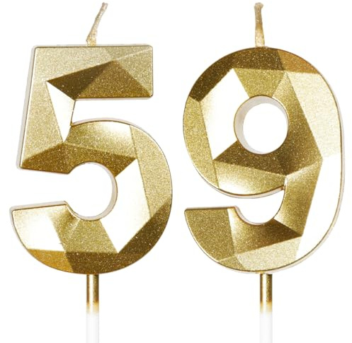 Yiran 59th Birthday Candles, Gold Number 59 Happy Birthday Candles, Cake Topper Decorations for Birthday Party, Wedding Anniversary Celebration Supply