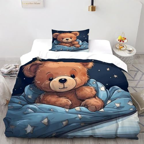 LOVEROGD Teddybär Stern Bettwäsche-Sets Animal Theme Kinderbettwäsche-Set Reißverschluss Mit Kissenbezug Für Jugendliche Kinder Schlafzimmer Single(135x200cm)