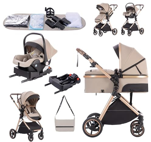 Zkiprm Kinderwagen 3 in 1, Doppelte Faltun Kinderwagenset mit ISOFIX BASE