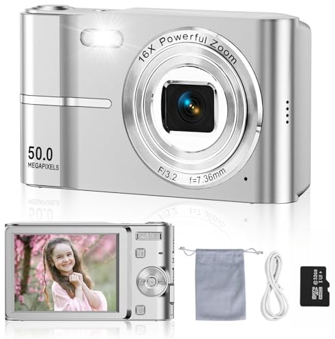 Macchina Fotografica Digitale 50MP 1080P FHD, Fotocamera Digitale Compatta con Zoom Digitale 16X, Schermo LCD 2,4, Scheda SD 32GB Inclusa, Macchina Fotografica Compatta per Adolescenti Principianti