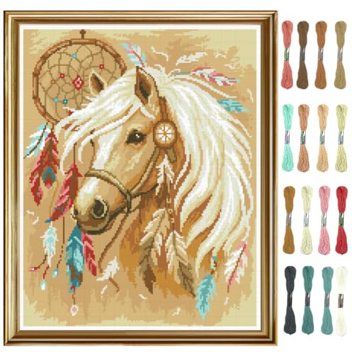 FREEBLOSS Kreuzstich Set Mit Indischem Pferde Stempel Wandmalerei Stick Set Für Anfänger Mit Anleitung Bedrucktes 11CT Kreuzstich Set Für Erwachsene Kunsthandwerk 16x20