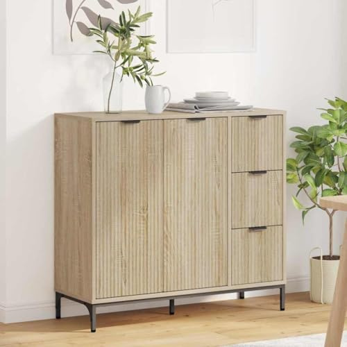 Owoxanthellate Sideboard Sonoma Eiche 89,5 x 33 x 82 cm, flaches Highboard Holzwerkstoff mit 2 Türen und Schublade, modernes Regal mit schlanker Silhouette für Wohnzimmer Schlafzimmer Flur