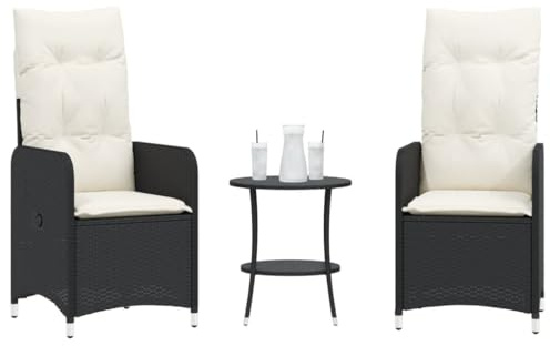 Emmtore Gartensessel mit Tisch 2 STK., Gartenstuhl Verstellbare Rückenlehne, Loungesessel für Garten Terrasse, Relaxsessel, Schwarz Poly Rattan