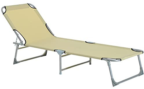 Outsunny Reclining Sun Lounger Chair Folding Camping Bed with 4-Position Adjustable Backrest, for Travel Indoor Outdoor Office Fishing, Beige