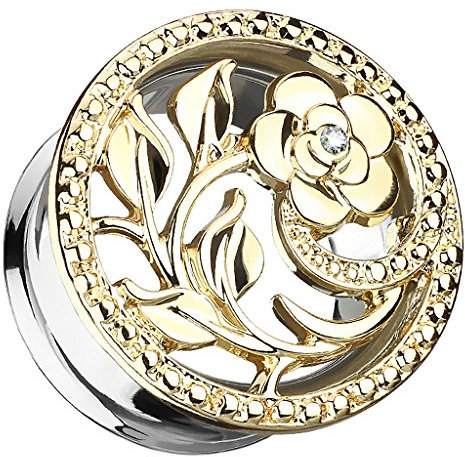 Piercingfaktor Flesh Tunnel Ohr Plug Edelstahl Piercing Ohrpiercing Vintage Tribal Ethno Boho Blume Ornament mit Strass Kristall 16mm Gold