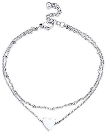 PROSTEEL Doppel Fußkette 22+5cm Damen Herz Charm Fußkettchen verstellbar Fußband Armband Sommer Strand Knöchel Armband Schmuck Accessoire für Frauen Mädchen