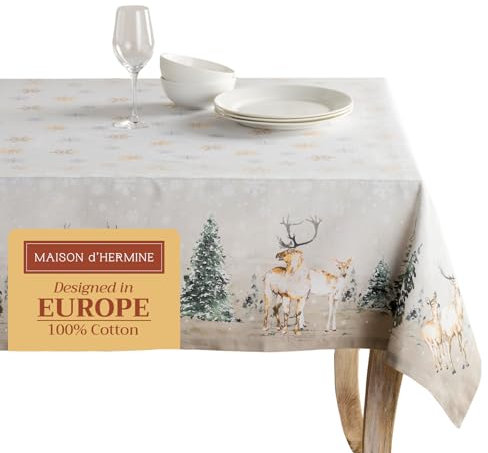 Maison d' Hermine Tischdecke, rechteckig, 100 % Baumwolle, 178 x 228 cm, wiederverwendbar, für den täglichen Gebrauch, für Thanksgiving, Weihnachtsdekoration, Esszimmer, Bauernhaus-Party (Hirsch im
