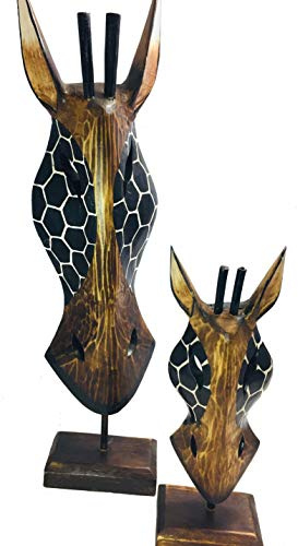 My Family House Giraffe Side Mask on Plinth - Wood - Hand Carved - Free Standing Ornament - 60 cm