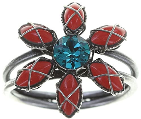 Konplott: Ring Psychodahlia, edler Margariten-Blütenring mit Emaille-Blütenblättern und Kristallstein in der Mitte, für Damen/Frauen (rot-türkis)