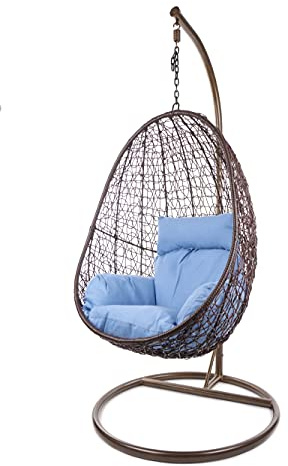 KIDEO Komplettset: Hängesessel mit Gestell & Kissen, Korbsessel, Poly-Rattan (Gestell- und Korbfarbe: braun, Kissen: blau Nest (3070_royal_Blue))