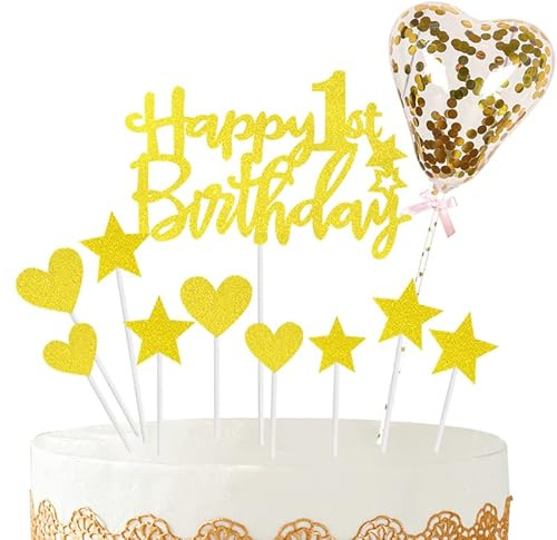 11pcs Gold Happy 1st Birthday Cake Toppers,Personalised Cake Topper for Baby Boy&Girl,1st Birthday Cake Decorations Glitter Cupcake Toppers Cake Toppers Kits 5 Star 4 Heart with Balloon