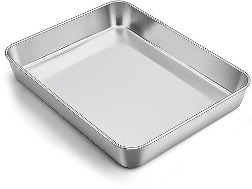 TEAMFAR Backblech, Edelstahl Rechteckigies Backform Auflaufform, 31,6x24,7x4,8cm Tiefes Kuchenblech Fettpfanne für Kuchen/Lasagne/Brownie, Gesund, Leicht zu Reinigen & Spülmaschinenfest