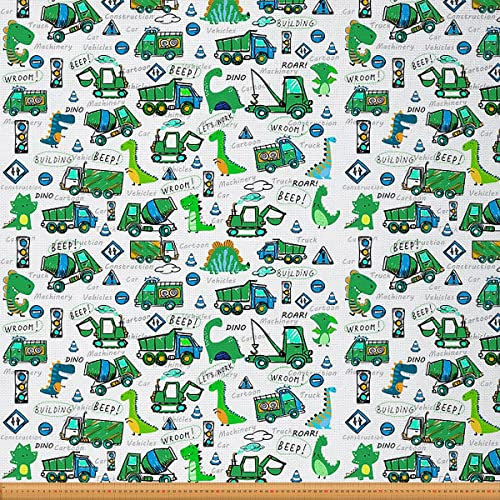 Loussiesd Dinosaurierier Polsterstoff Baustellen LKW Stoff von The Yard Bagger Traktoren Auto Dekostoff für Polster und Heimwerkerprojekte Süß Dino Draussen Stoff Grün Weiß 92x150cm