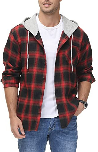 MCEDAR Herren Flanell Hoodie Plaid Shirts Jacke Casual Langarm Button Down Leichtes Kapuzenshirt, Schwarz Rot 11410, XL