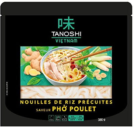 TANOSHI Vietnam – spaghetti di riso pre-cotti al sapore di pho, pollo piatto tradizionale vietnamita composto da pasta di riso, brodo profumato, erbe e pollo – pronto in 2 minuti