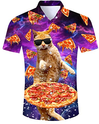 RAISEVERN Mens Shirt Funny Stag Pancake Cat Graphic Festival Bad Taste Funky 3D Print Shirts Galaxy Ugly Awful Hawaiian Crazy Rave Party, XL
