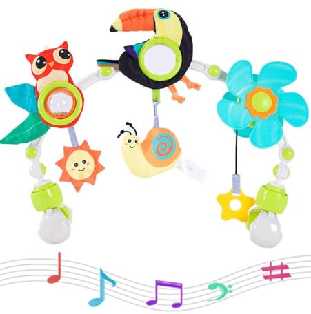 Jinchelle Baby Kinderwagen Spiel Bogen Spielzeug, mit Musik und Beißring justierbare Clips Aktivität Spielzeug, geeignet für Alter 0+ Monate (Toucan)