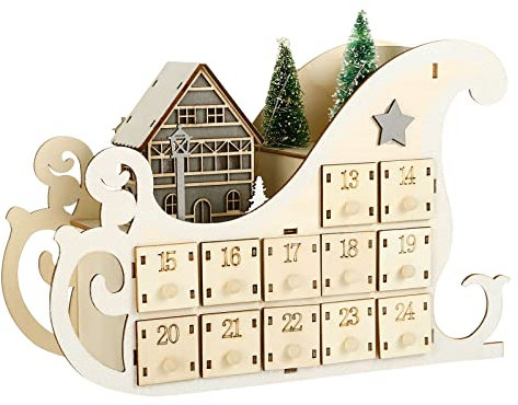 LIHAO Holz Weihnachtsschlitten Adventskalender zum Befüllen 24 Weihnachtskalender mit LED Lichter Weihnachtsdeko Schlittenwagen Adventszeit Geschenk für Weihnachten Deko