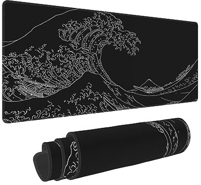 Tapis de souris japonais motif vague de mer abstraite, noir, 80 x 30 cm, texture vague de mer, base en caoutchouc antidérapant, tapis de souris vague à bords cousus, tapis de souris pour bureau,