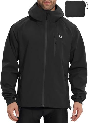 baleaf Herren Fahrradjacke Regenjacke Wasserdicht Windbreaker mit Kapuze 10000mm H2O Wasserdicht Laufjacke Atmungsaktiv Wanderjacke Schwarz M
