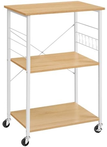 VASAGLE Estantería de Cocina con Ruedas, Carrito de Servicio de 3 Niveles, Estantería para Microondas, Horno, Tostadora, Marco de Metal con 6 Ganchos, Roble Dorado y Blanco Nube KKS060Y09