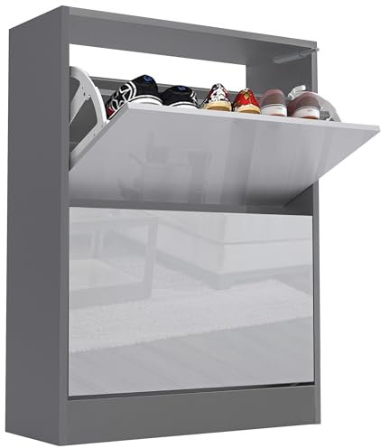 Blisswood High Gloss 2 Drawer Shoe Cabinet Cupboard, Shoe Storage Organiser Freestanding 2 Tier Wooden Shoes Rack Cabinet Modern Footwear Stand For Hallway Furniture (Silver Grey & Dark Grey)